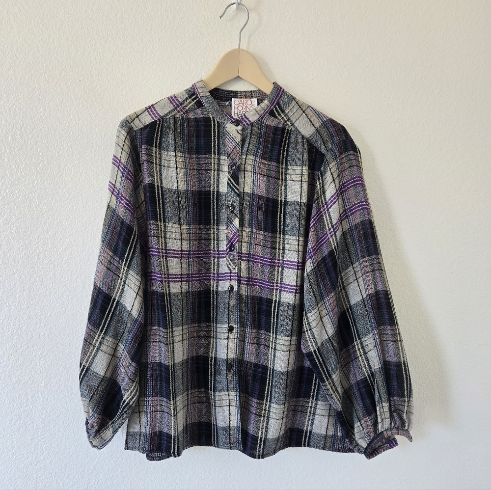 Carol Horn’s Habitat VTG  Plaid Wool Blend Blouse in Large Lurex Metalic‎ Thread